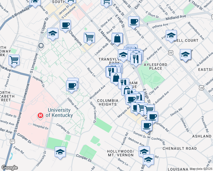 map of restaurants, bars, coffee shops, grocery stores, and more near 412 Woodland Avenue in Lexington