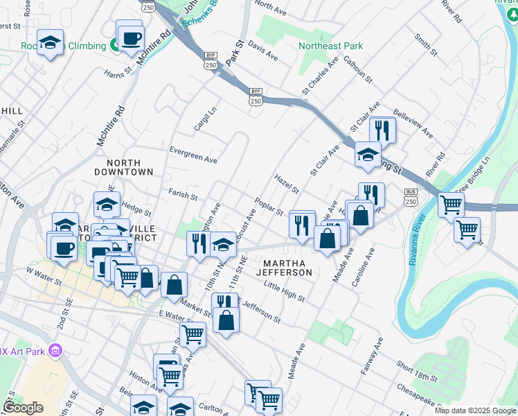 map of restaurants, bars, coffee shops, grocery stores, and more near 616 Locust Avenue in Charlottesville