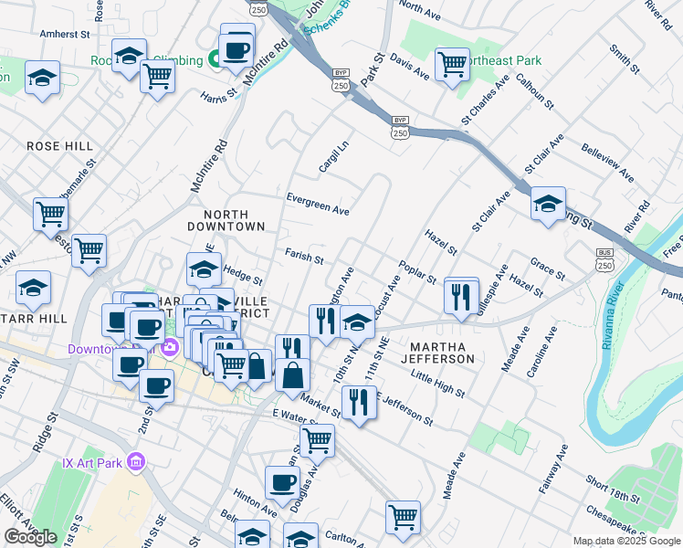 map of restaurants, bars, coffee shops, grocery stores, and more near 517 Lexington Avenue in Charlottesville