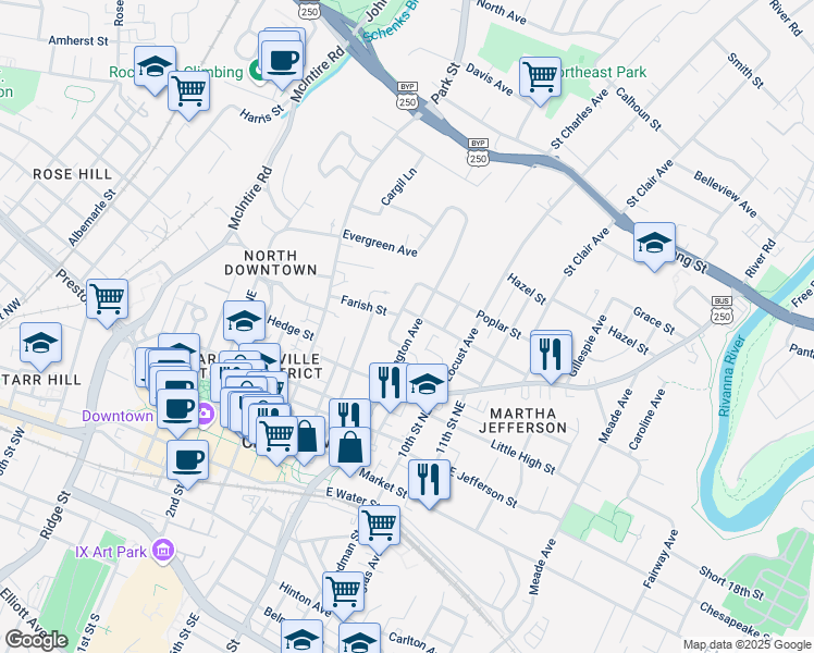 map of restaurants, bars, coffee shops, grocery stores, and more near 517 Lexington Avenue in Charlottesville