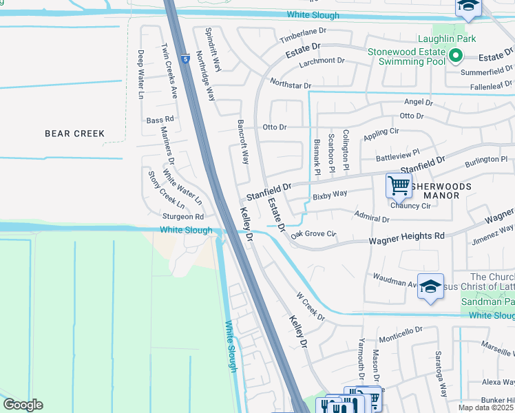 map of restaurants, bars, coffee shops, grocery stores, and more near Darby Court in Stockton
