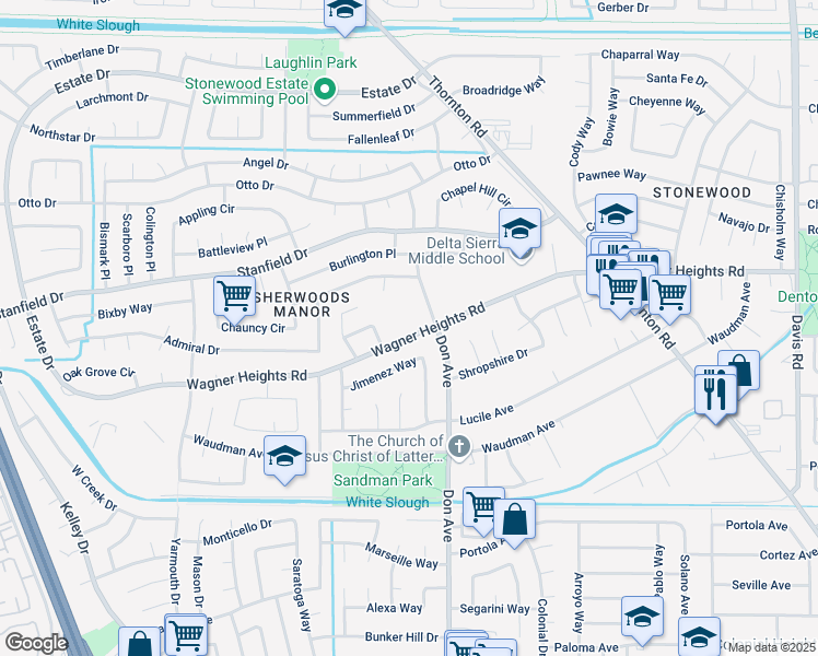 map of restaurants, bars, coffee shops, grocery stores, and more near 2435 Wagner Heights Road in Stockton