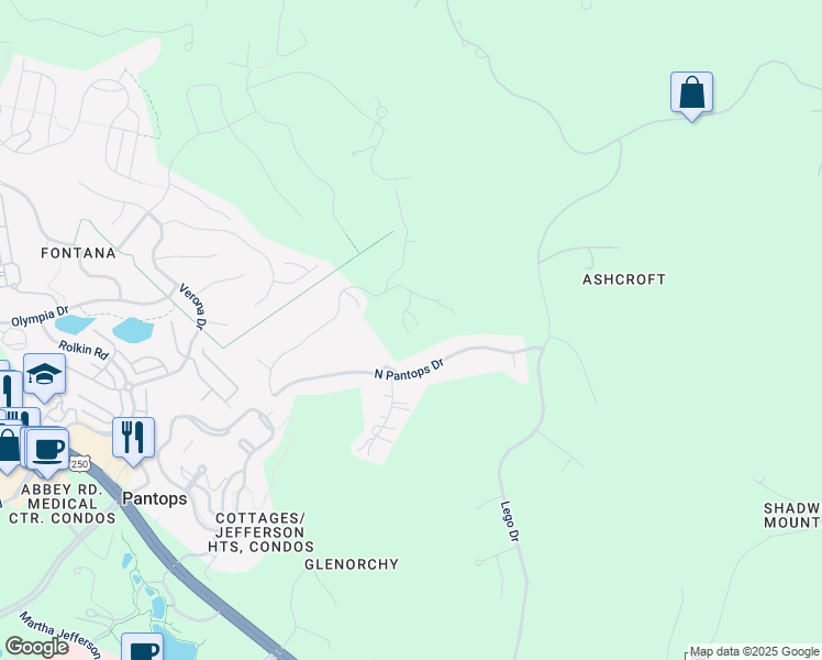 map of restaurants, bars, coffee shops, grocery stores, and more near 65 Hickory Ln in Charlottesville