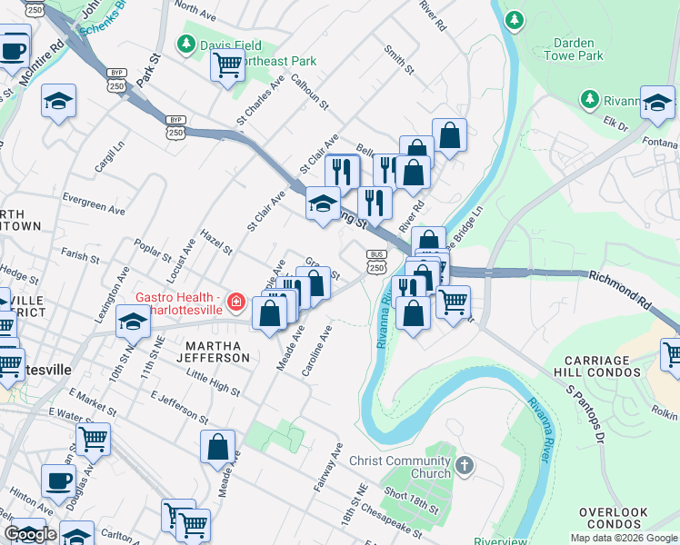 map of restaurants, bars, coffee shops, grocery stores, and more near 1324A Willow Drive in Charlottesville