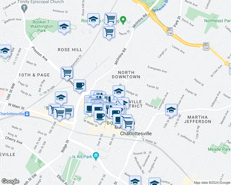 map of restaurants, bars, coffee shops, grocery stores, and more near 430 1st Street North in Charlottesville