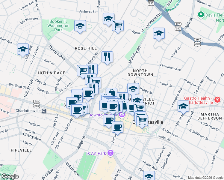 map of restaurants, bars, coffee shops, grocery stores, and more near 408 Altamont Circle in Charlottesville