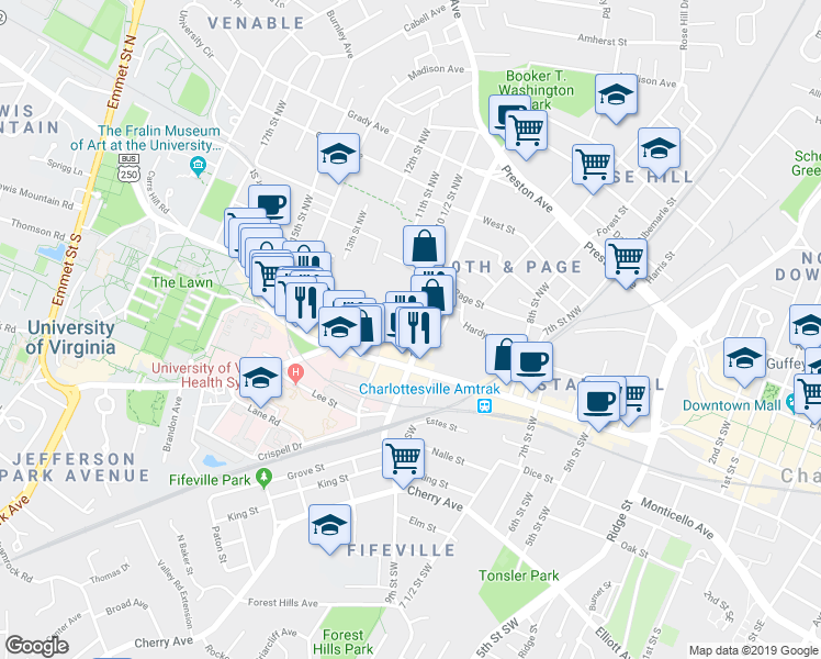 map of restaurants, bars, coffee shops, grocery stores, and more near 1025 Wertland Street in Charlottesville