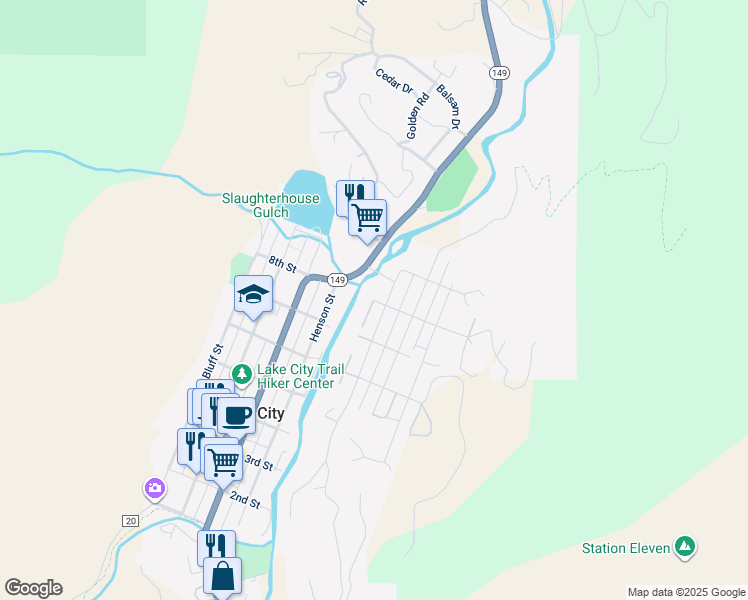 map of restaurants, bars, coffee shops, grocery stores, and more near 8th Street in Lake City
