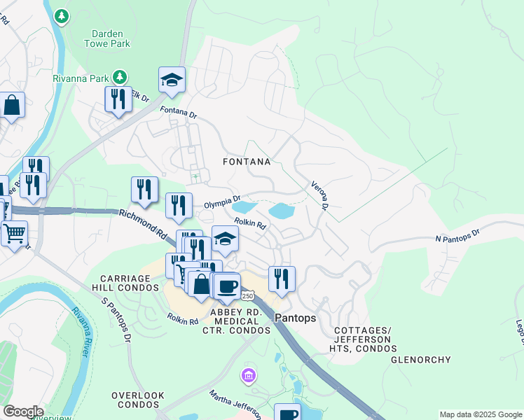 map of restaurants, bars, coffee shops, grocery stores, and more near 2170 Whispering Hollow Lane in Charlottesville