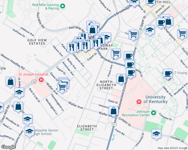 map of restaurants, bars, coffee shops, grocery stores, and more near 101 Simpson Avenue in Lexington