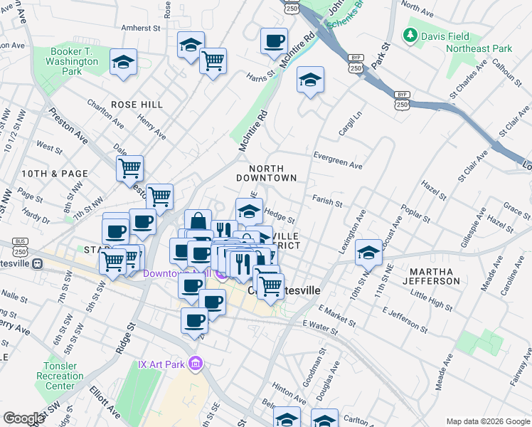 map of restaurants, bars, coffee shops, grocery stores, and more near 437 3rd Street Northeast in Charlottesville