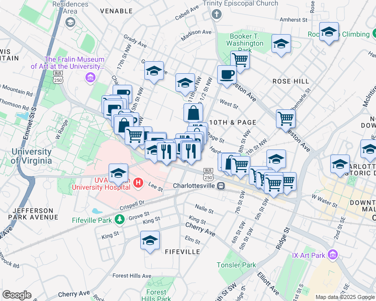 map of restaurants, bars, coffee shops, grocery stores, and more near 1010 Wertland Street in Charlottesville