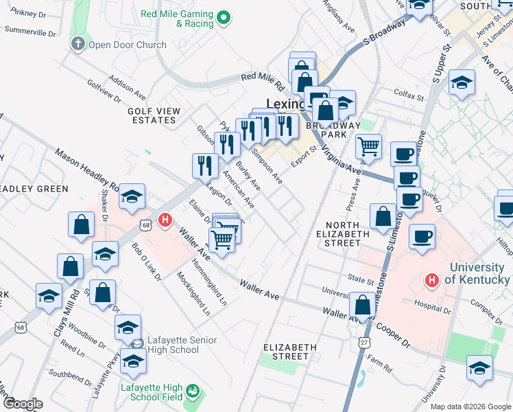 map of restaurants, bars, coffee shops, grocery stores, and more near 275 American Avenue in Lexington