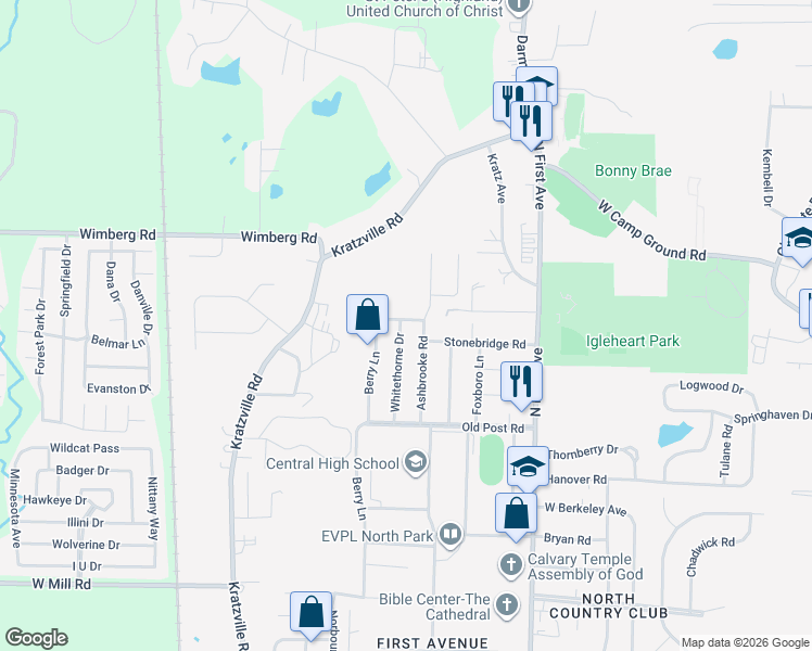 map of restaurants, bars, coffee shops, grocery stores, and more near 6013 Whitethorne Drive in Evansville