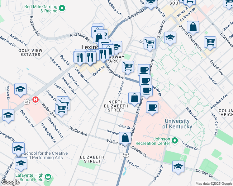 map of restaurants, bars, coffee shops, grocery stores, and more near 805 Press Avenue in Lexington