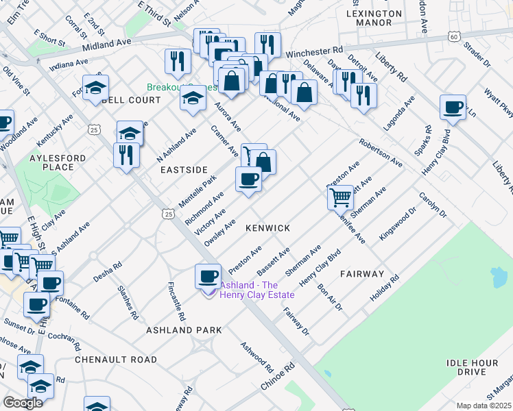 map of restaurants, bars, coffee shops, grocery stores, and more near 204 Owsley Avenue in Lexington