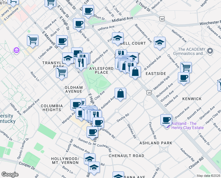 map of restaurants, bars, coffee shops, grocery stores, and more near 218 Clay Avenue in Lexington