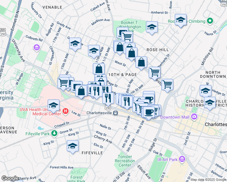 map of restaurants, bars, coffee shops, grocery stores, and more near 823 Hardy Drive in Charlottesville