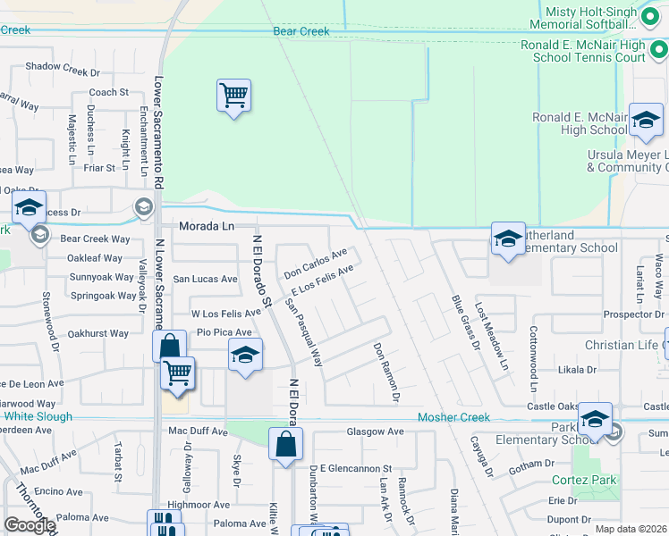 map of restaurants, bars, coffee shops, grocery stores, and more near 305 East Los Felis Avenue in Stockton