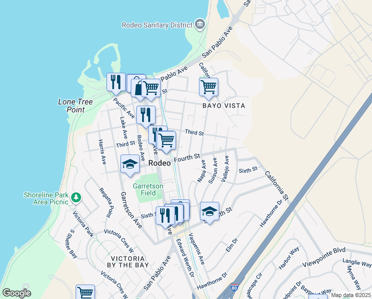 map of restaurants, bars, coffee shops, grocery stores, and more near 371 Vaqueros Avenue in Rodeo