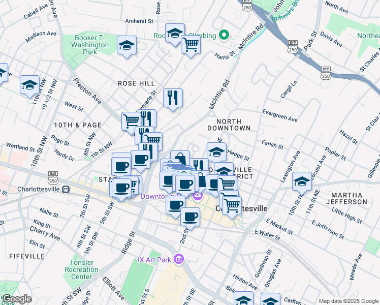 map of restaurants, bars, coffee shops, grocery stores, and more near 408 Altamont Circle in Charlottesville