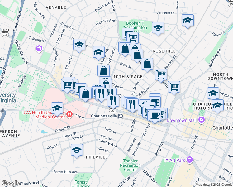 map of restaurants, bars, coffee shops, grocery stores, and more near in Charlottesville