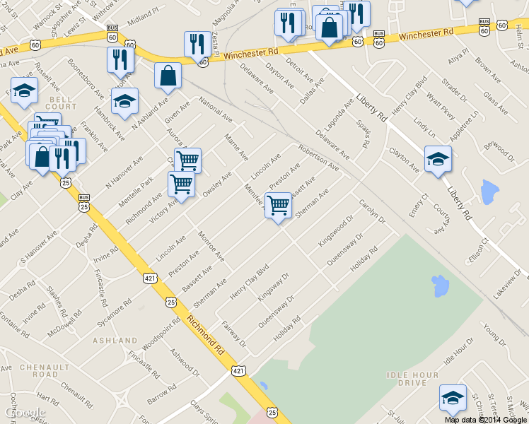 map of restaurants, bars, coffee shops, grocery stores, and more near 1410 Menifee Avenue in Lexington