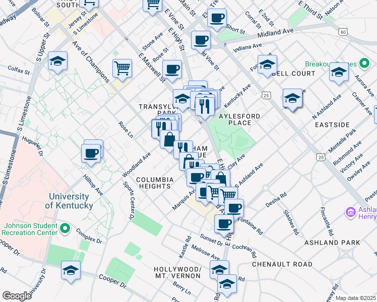 map of restaurants, bars, coffee shops, grocery stores, and more near 347 Oldham Avenue in Lexington