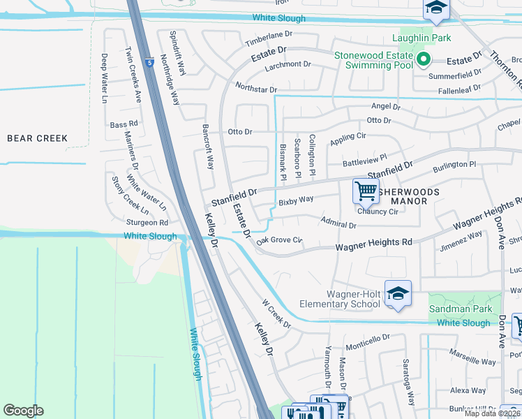 map of restaurants, bars, coffee shops, grocery stores, and more near 3512 Bixby Way in Stockton