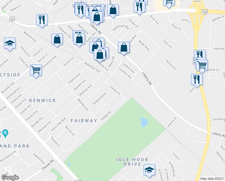 map of restaurants, bars, coffee shops, grocery stores, and more near 442 Kingswood Drive in Lexington
