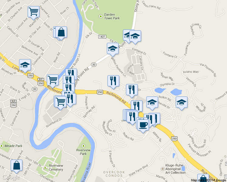 map of restaurants, bars, coffee shops, grocery stores, and more near 108 Town Country Ln in Charlottesville