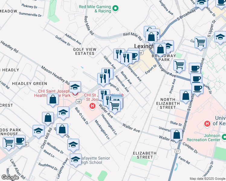map of restaurants, bars, coffee shops, grocery stores, and more near 340 Legion Drive in Lexington