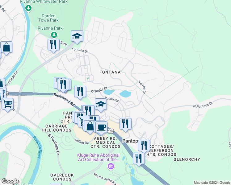 map of restaurants, bars, coffee shops, grocery stores, and more near 2176 Whispering Hollow Lane in Charlottesville
