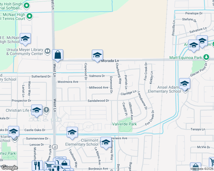 map of restaurants, bars, coffee shops, grocery stores, and more near 2239 East Millwood Avenue in Stockton