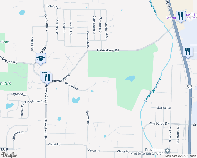 map of restaurants, bars, coffee shops, grocery stores, and more near 720 Senate Avenue in Evansville