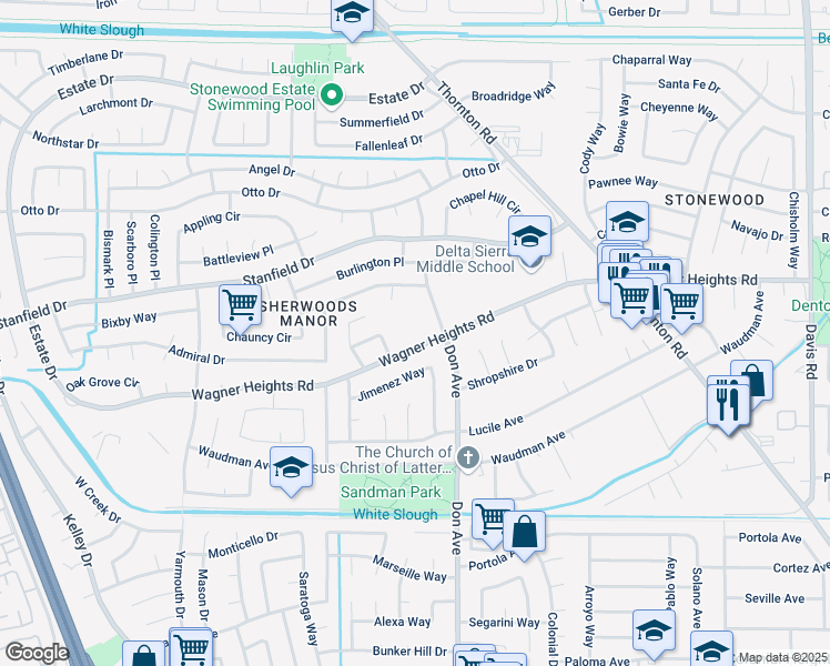 map of restaurants, bars, coffee shops, grocery stores, and more near 2435 Wagner Heights Road in Stockton