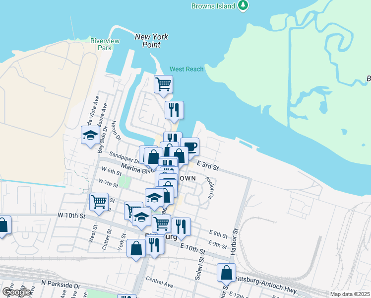 map of restaurants, bars, coffee shops, grocery stores, and more near 135 Shoreline Drive in Pittsburg