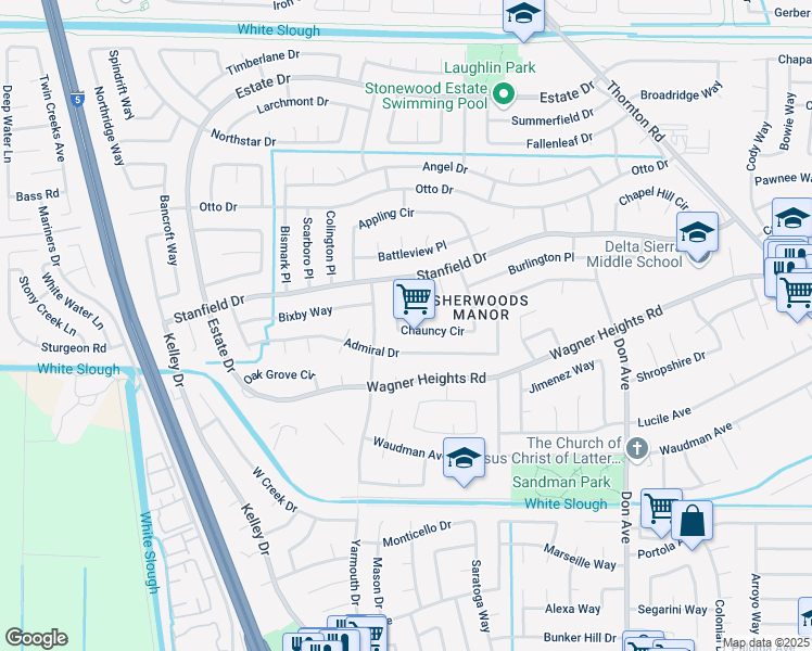 map of restaurants, bars, coffee shops, grocery stores, and more near 2951 Chauncy Circle in Stockton