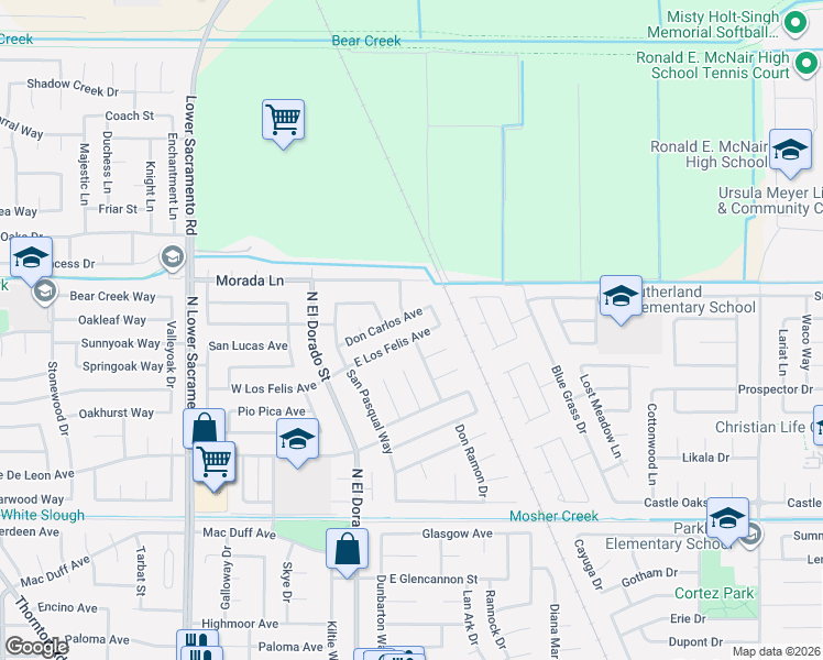 map of restaurants, bars, coffee shops, grocery stores, and more near 305 East Los Felis Avenue in Stockton