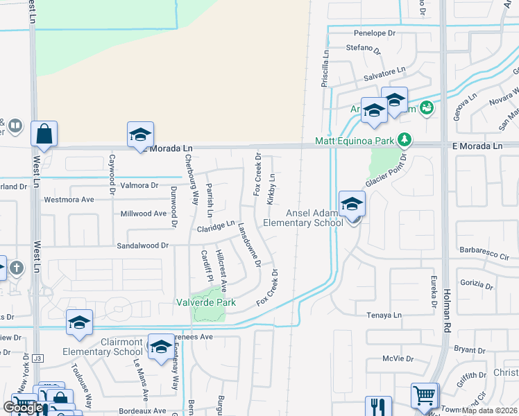 map of restaurants, bars, coffee shops, grocery stores, and more near 9218 Fox Creek Drive in Stockton