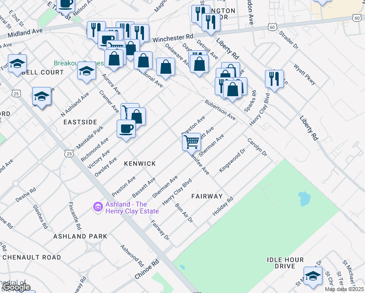 map of restaurants, bars, coffee shops, grocery stores, and more near 1410 Menifee Avenue in Lexington