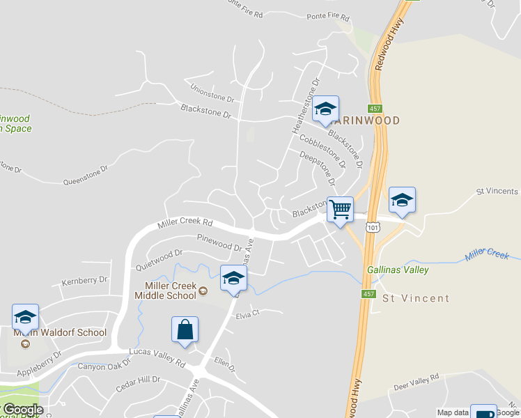 map of restaurants, bars, coffee shops, grocery stores, and more near 21 Windstone Drive in San Rafael