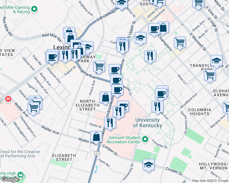 map of restaurants, bars, coffee shops, grocery stores, and more near 830 South Limestone Street in Lexington