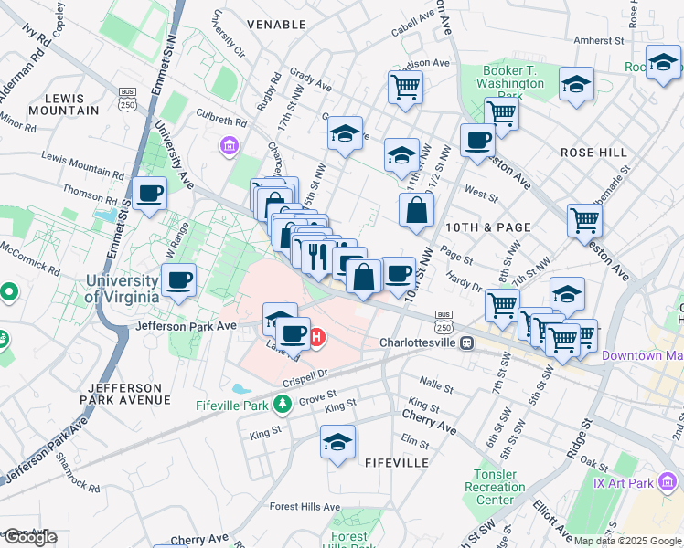 map of restaurants, bars, coffee shops, grocery stores, and more near 120 13th Street Northwest in Charlottesville