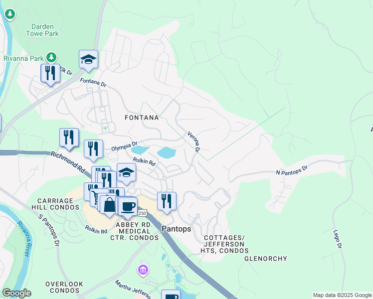 map of restaurants, bars, coffee shops, grocery stores, and more near 2138 Sundown Place in Charlottesville
