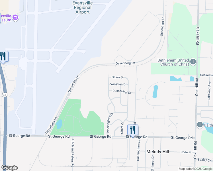 map of restaurants, bars, coffee shops, grocery stores, and more near 6122 Twickingham Dr in Evansville