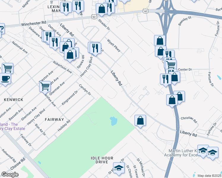 map of restaurants, bars, coffee shops, grocery stores, and more near 1734 Courtney Avenue in Lexington