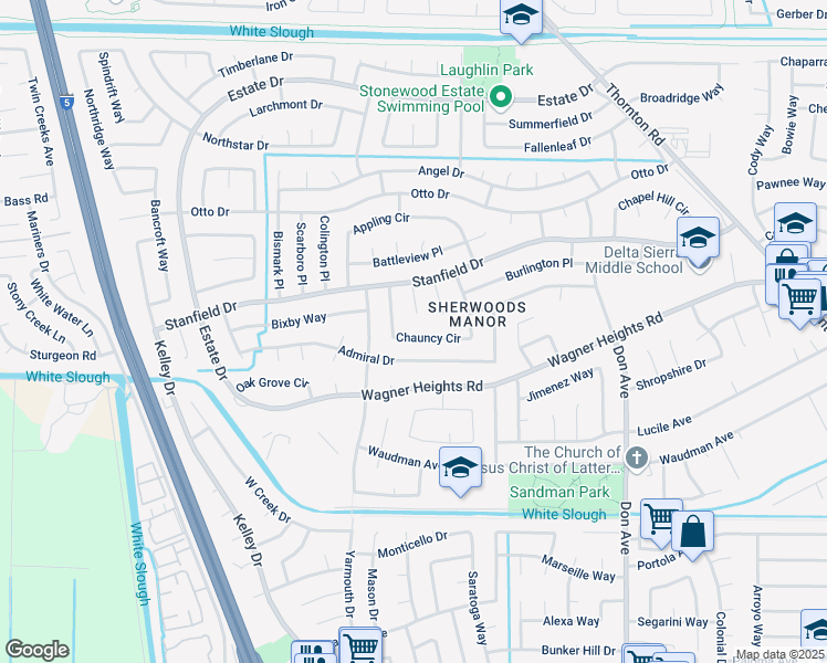 map of restaurants, bars, coffee shops, grocery stores, and more near 2951 Chauncy Circle in Stockton