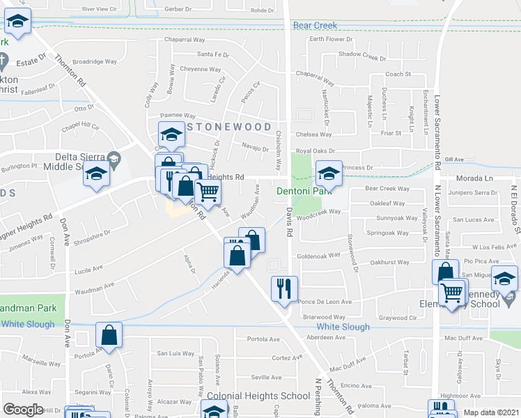 map of restaurants, bars, coffee shops, grocery stores, and more near 9046 Stacey Ct in Stockton