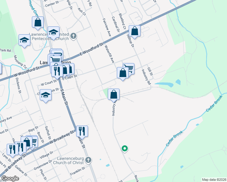 map of restaurants, bars, coffee shops, grocery stores, and more near 103 Coleman Drive in Lawrenceburg